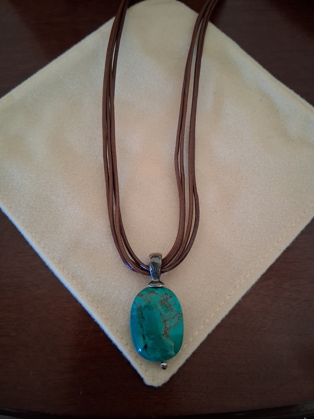 Turquoise Stone Pendant Necklace - Brown Cord